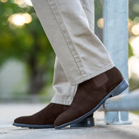 Brown suede chelsea boots styled nicely with chinos for weekends and casual days in the office
