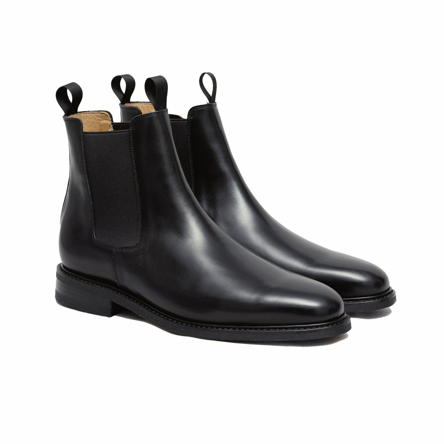 Mens black goodyear welted Chelsea boots made using full grain leather and rubber sole.