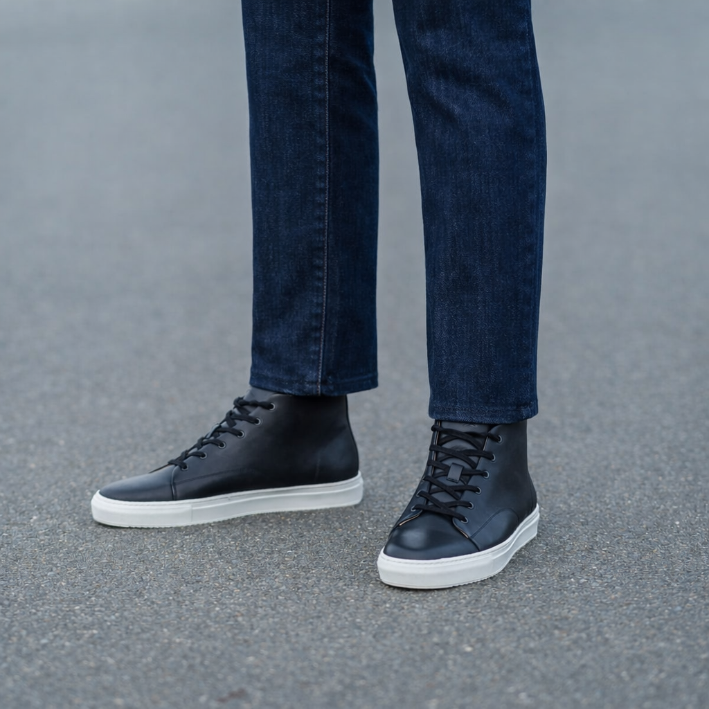 Men's black leather high top sneakers with white rubber sole worn with dark denim jeans