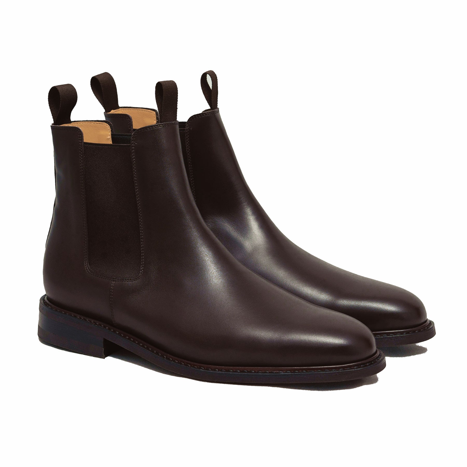 Mens brown Chelsea boots crafted using goodyear welt construction and full grain leather.