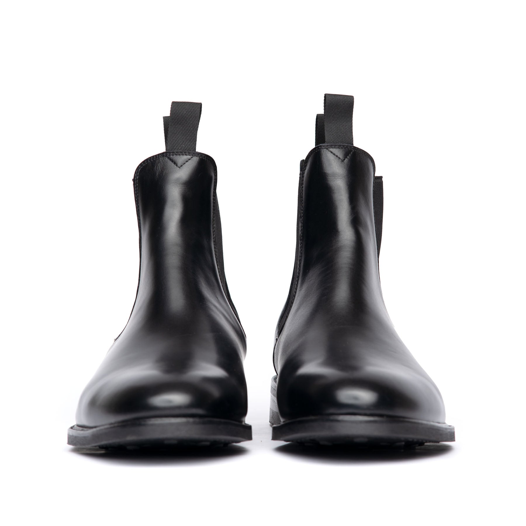 The Safari mens leather chelsea boots in black, with beautiful patina at the toe cap with pull tab