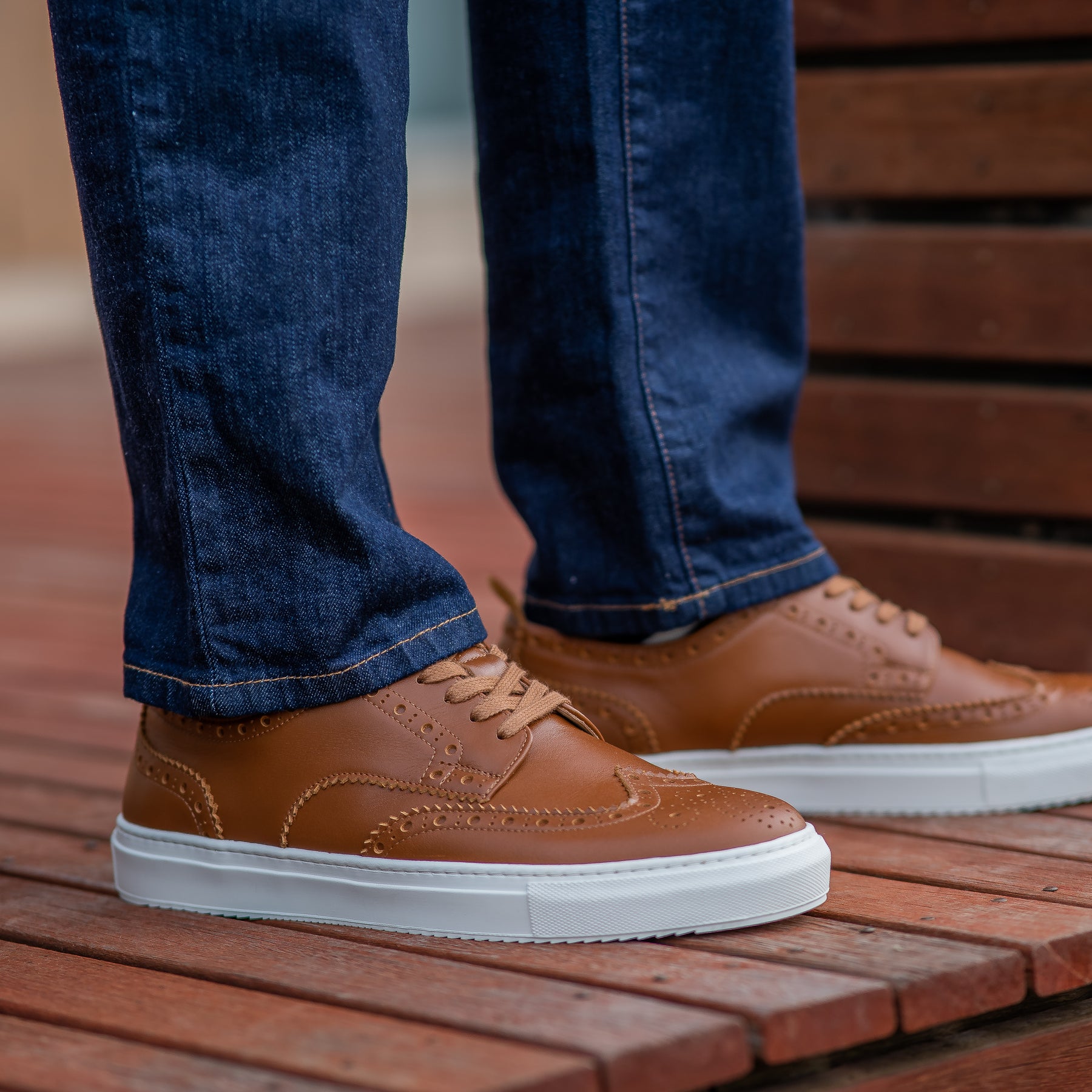 Tan brogue sneakers is the best for smart casual outfit