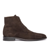 Brown suede lace up boots featuring leather sole, welted construction and fully lined for comfort
