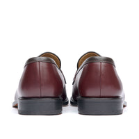 Men's burgundy loafers with stacked leather heel and rubber injection for traction