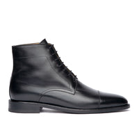 Men black lace up boots made using box calf leather with natural cork footbed and 360 welt