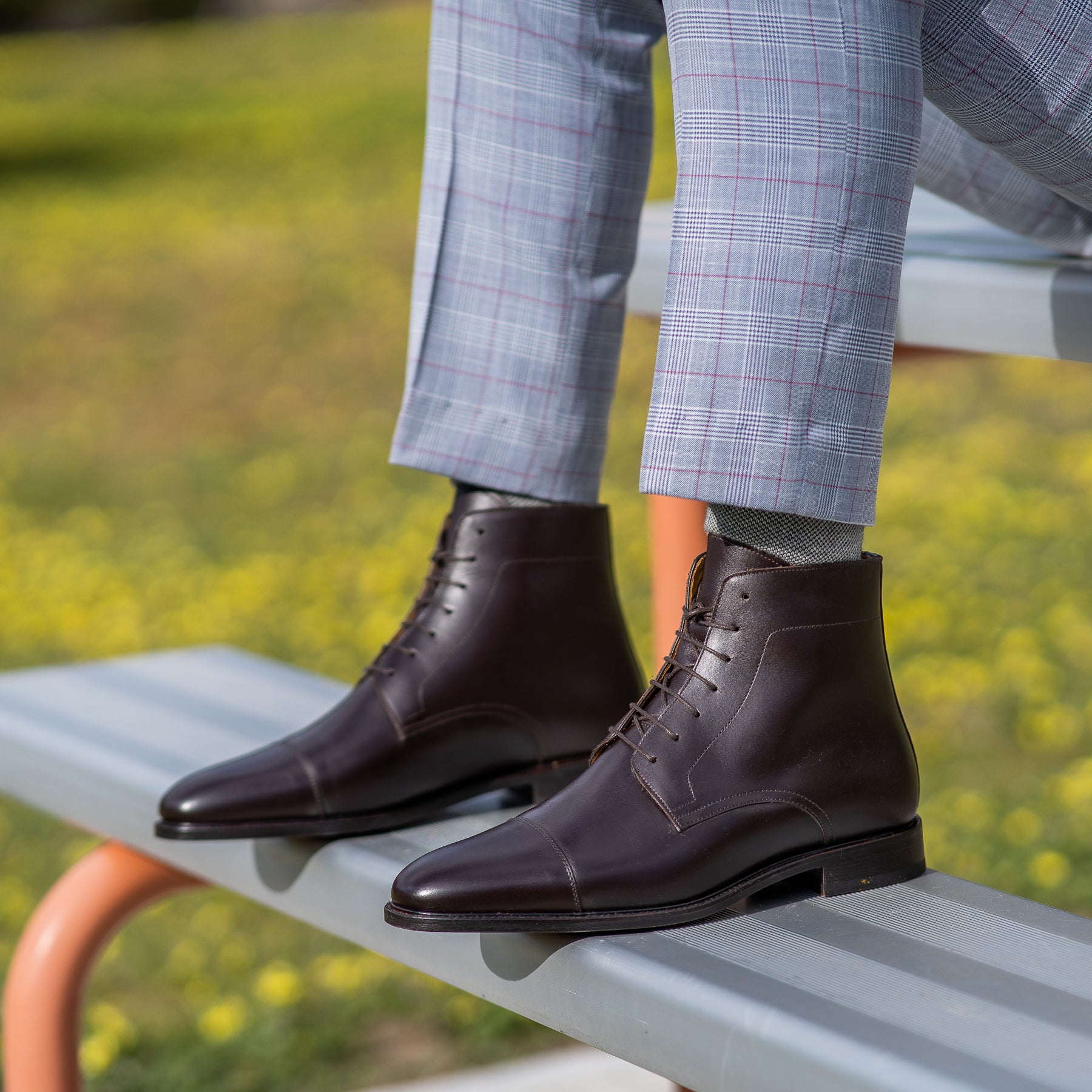 Mens brown lace up dress boots expertly made in Portugal by Artisans paired with natural stretch wool suit