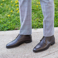 Mens brown leather lace up boots nicely styled with slim fit blazer for smart look