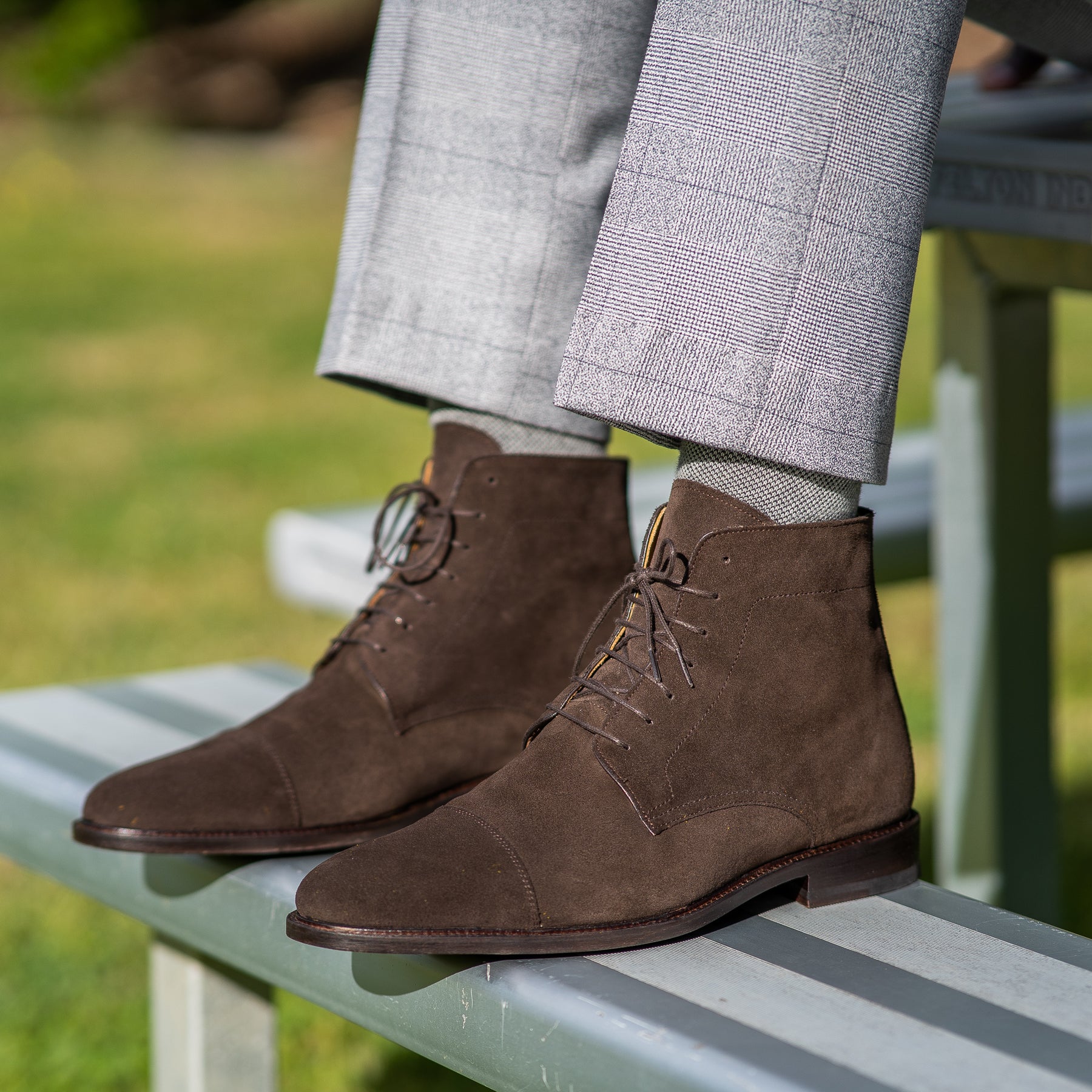 Mens dark brown suede boots perfectly paired with smart casual outfit for wedding, office and formal events