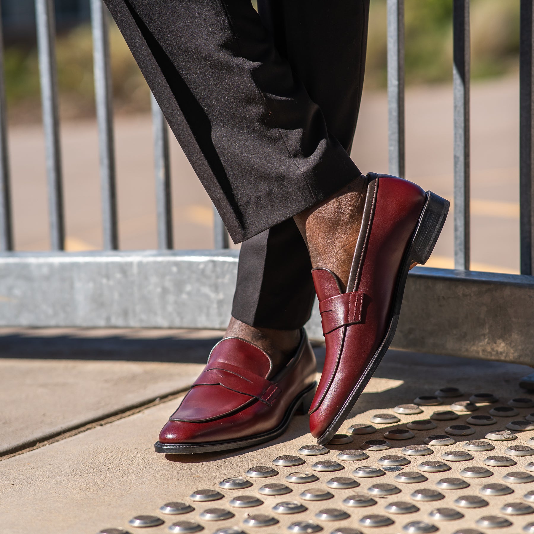 Penny loafer burgundy paired with slim fit merino wool suit pant