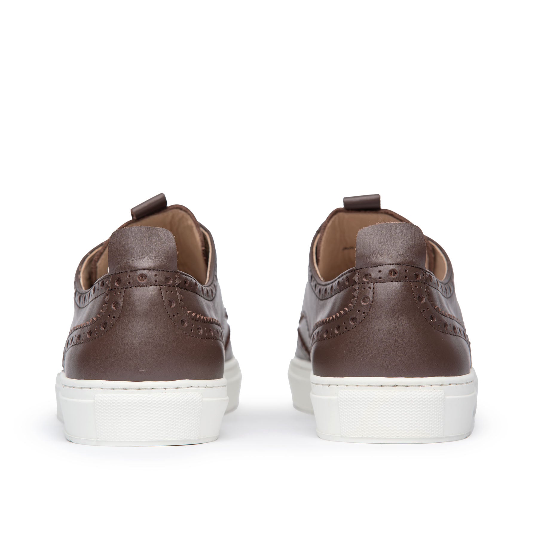 Men’s low top wingtip sneakers, the Alpha in dark brown with leather pull tab