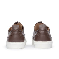 Men’s low top wingtip sneakers, the Alpha in dark brown with leather pull tab