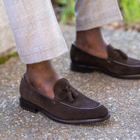 Brown suede tassel loafers worn formal outfit without socks