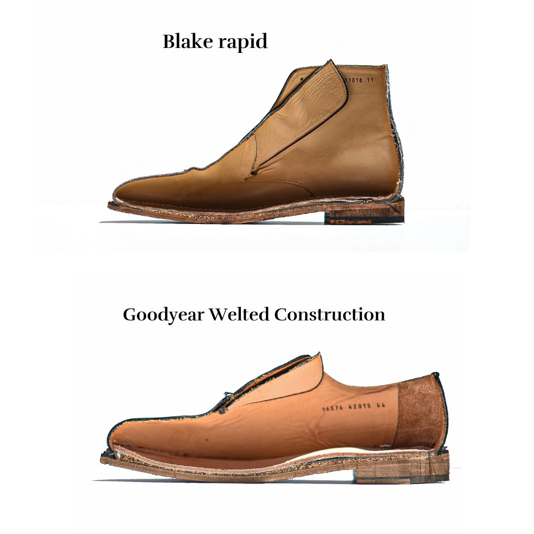 Goodyear welted and blake rapid stitched construction used for making high quality shoes and boots