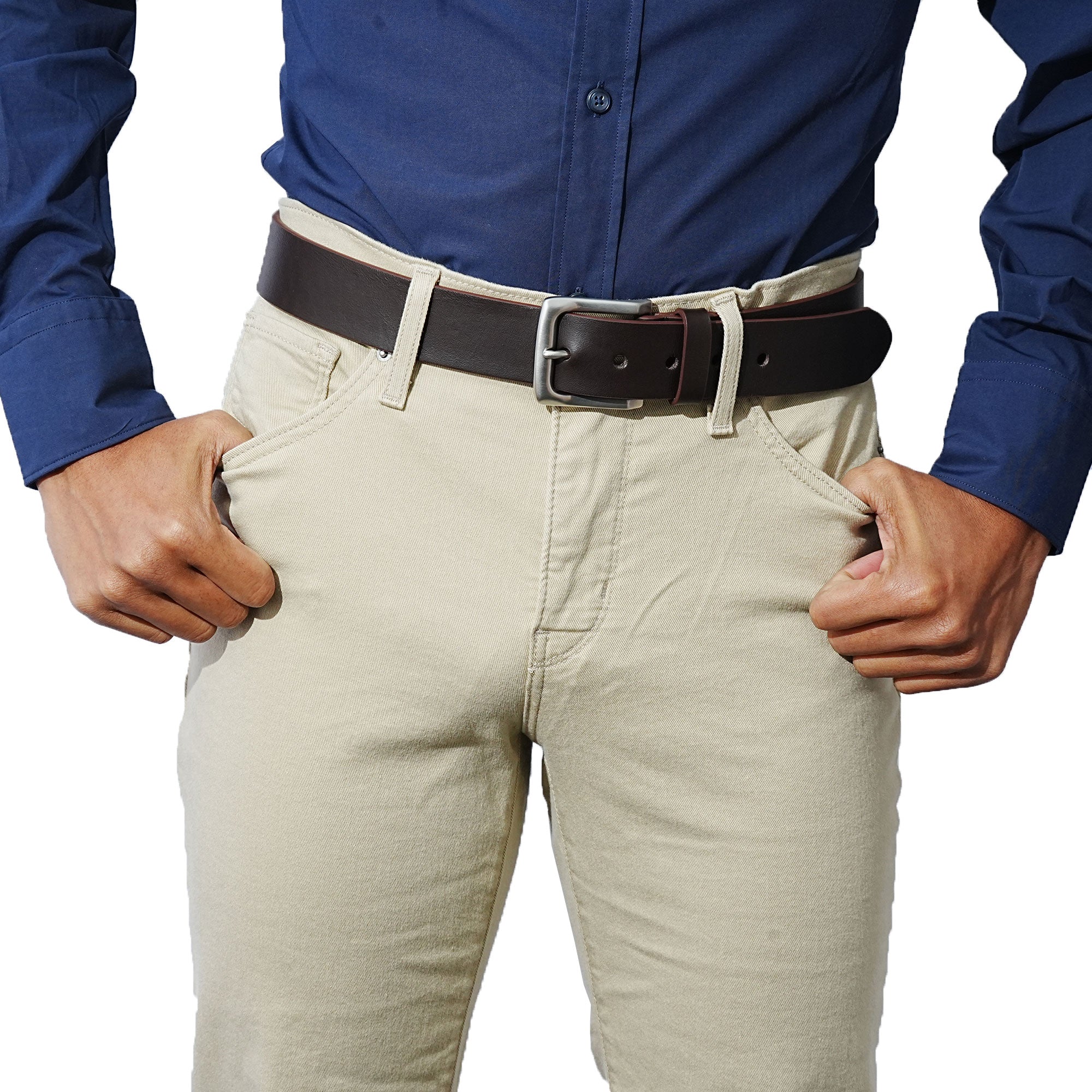 Crafted in Spain, brown leather belts for men. Classic everyday casual accessory.