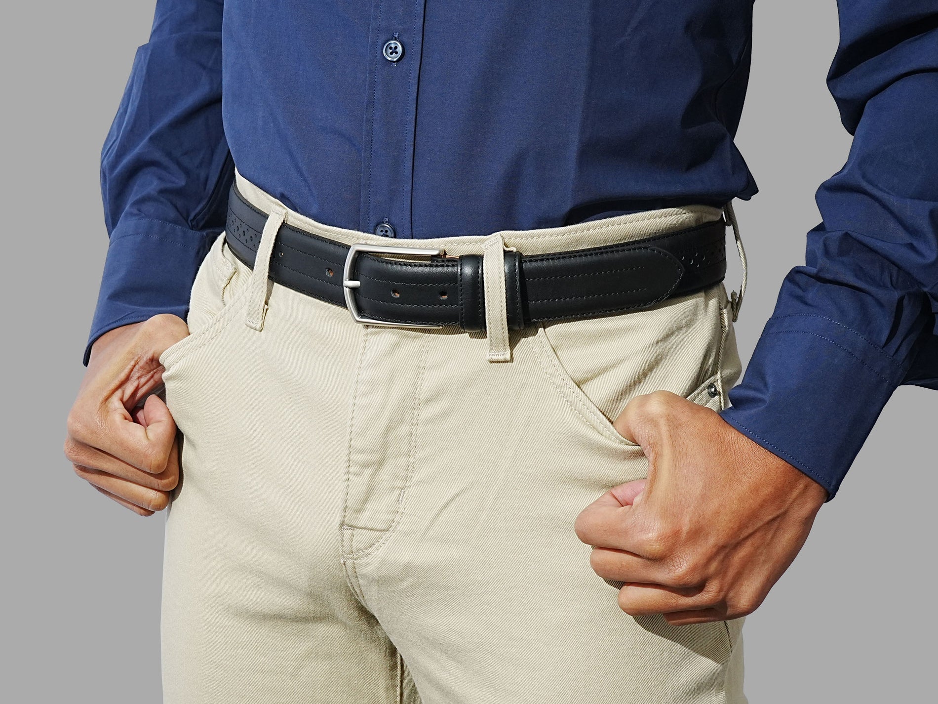 Buy black perforated leather belt for men. Wear with your favourite dress shoes. Crafted to last.