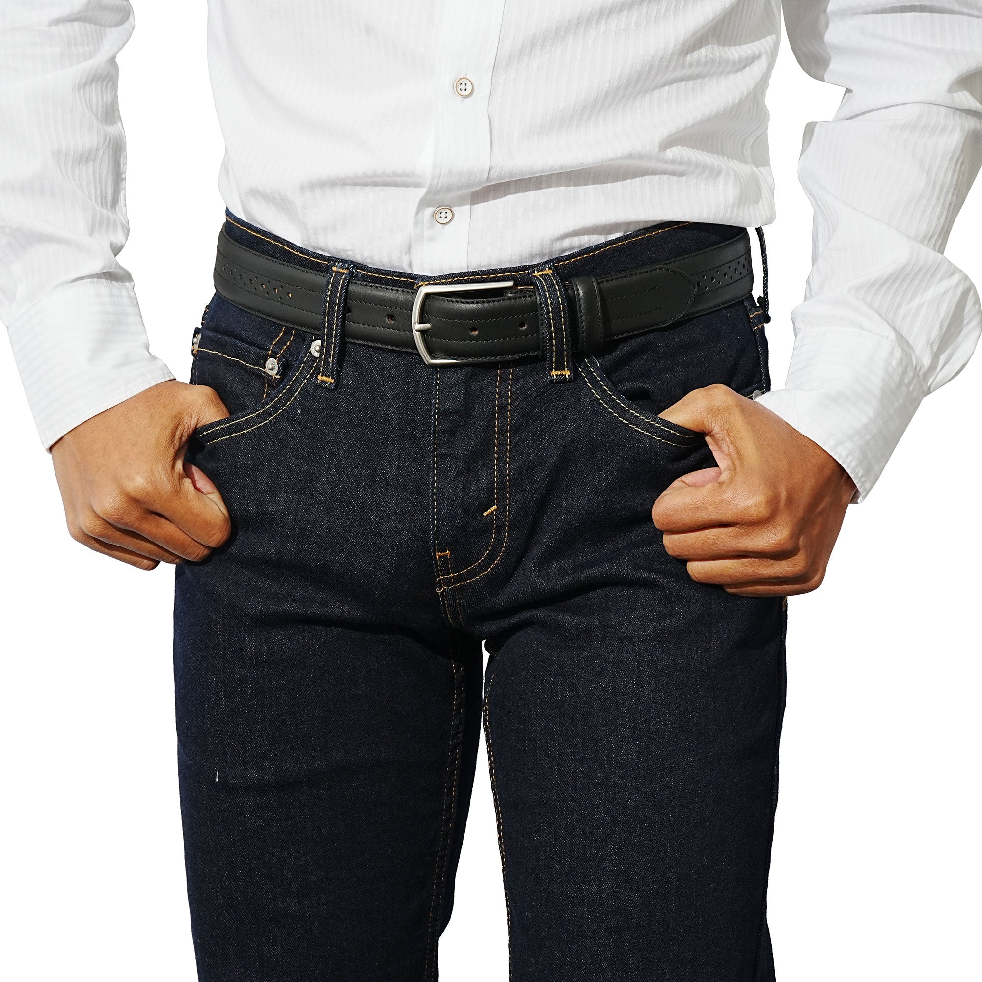 Mens black leather belt. Brogue detailing for a refined look. A great partner for your dress boots.