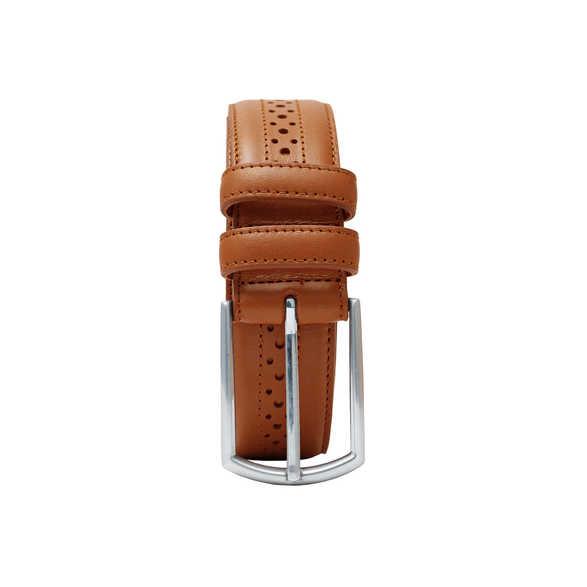 Men’s tan belt with perforations, crafted in Spain. Style with suits, jeans, or formalwear.