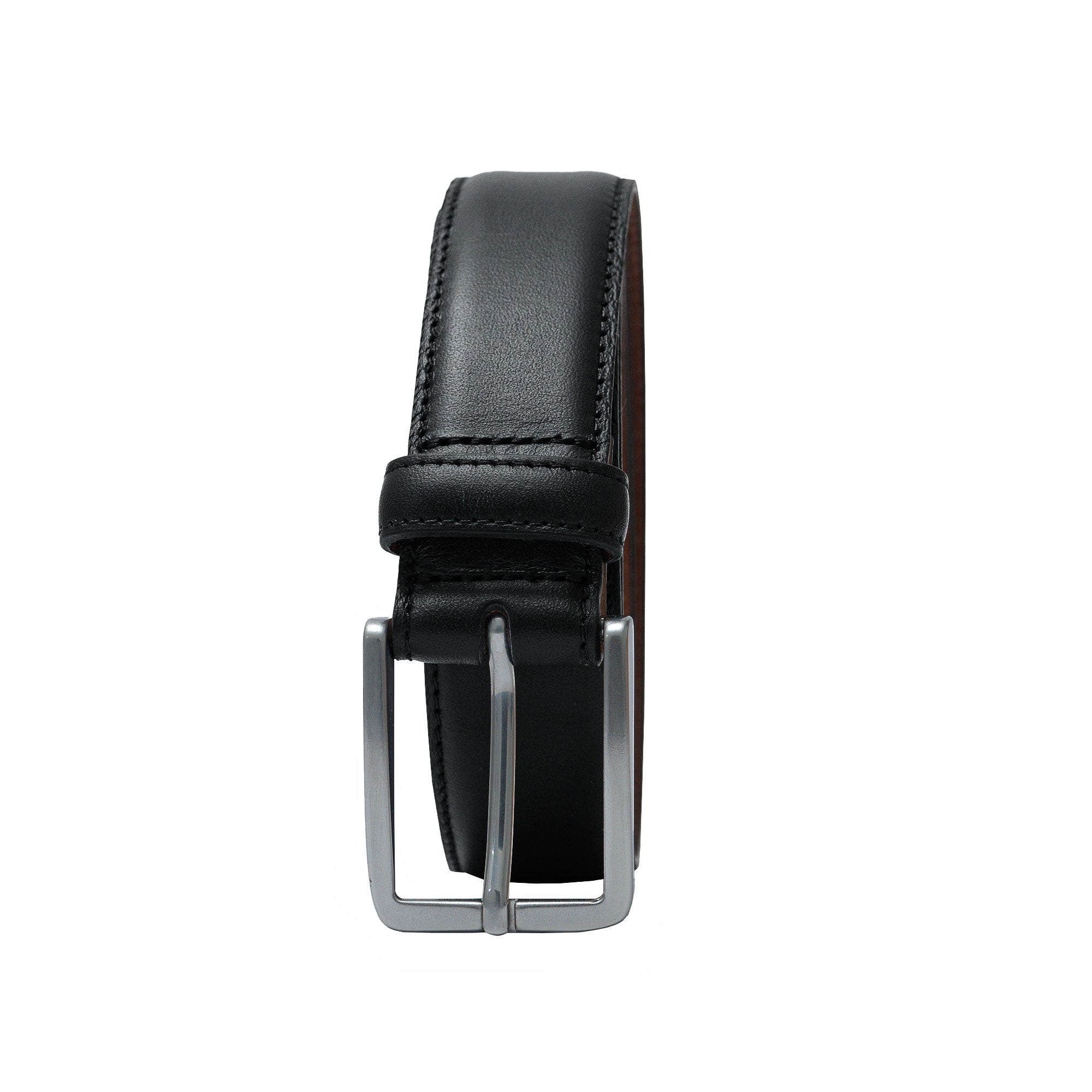 Men’s black belt with strong buckle. Perfect match for office outfits and wedding suits.