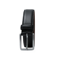 Men’s black belt with strong buckle. Perfect match for office outfits and wedding suits.