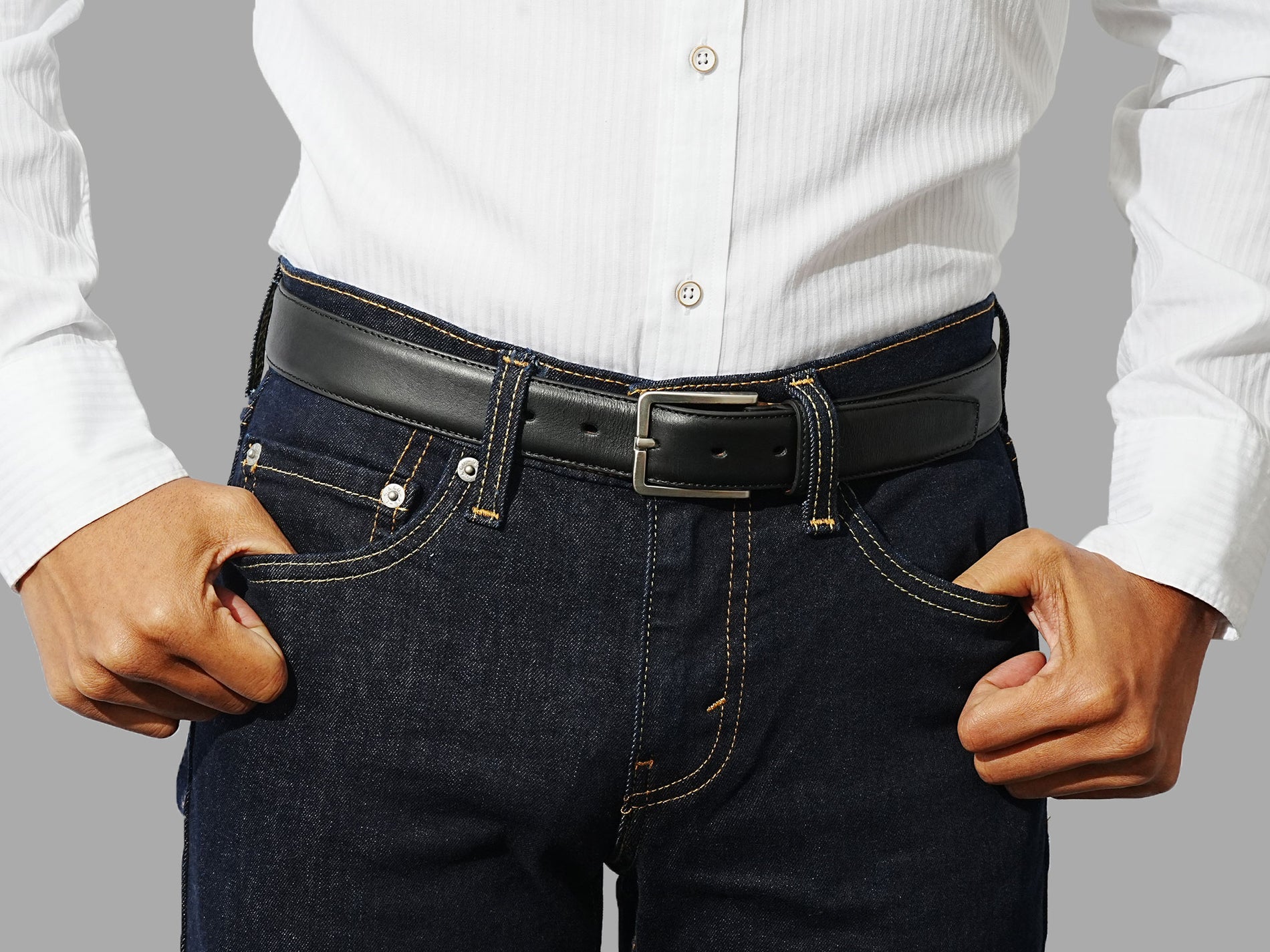 Shop men’s black leather belt. Perfect fit for office looks and wedding ensembles