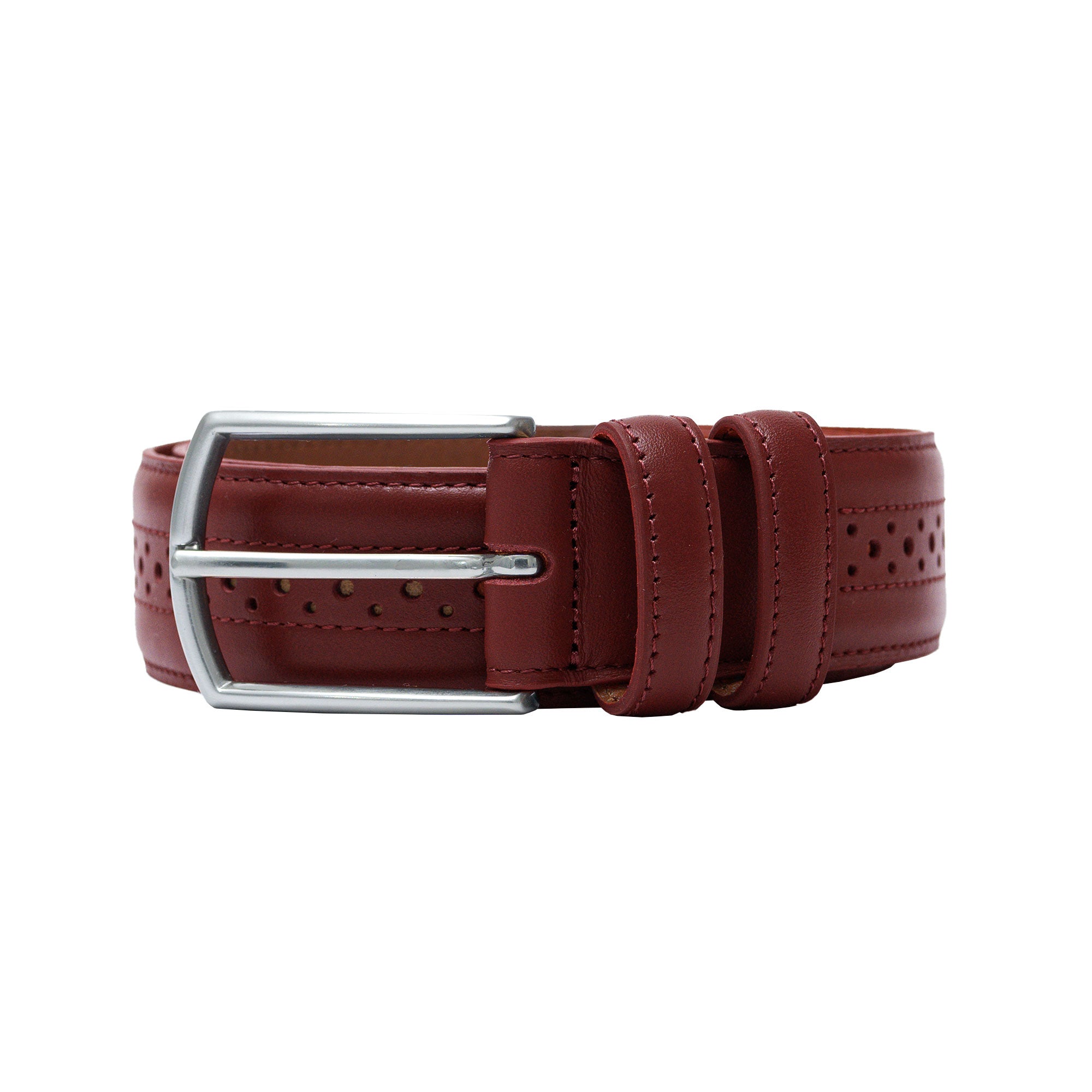 Burgundy belt with wingtip-inspired detail. Pair with chinos or dress boots.
