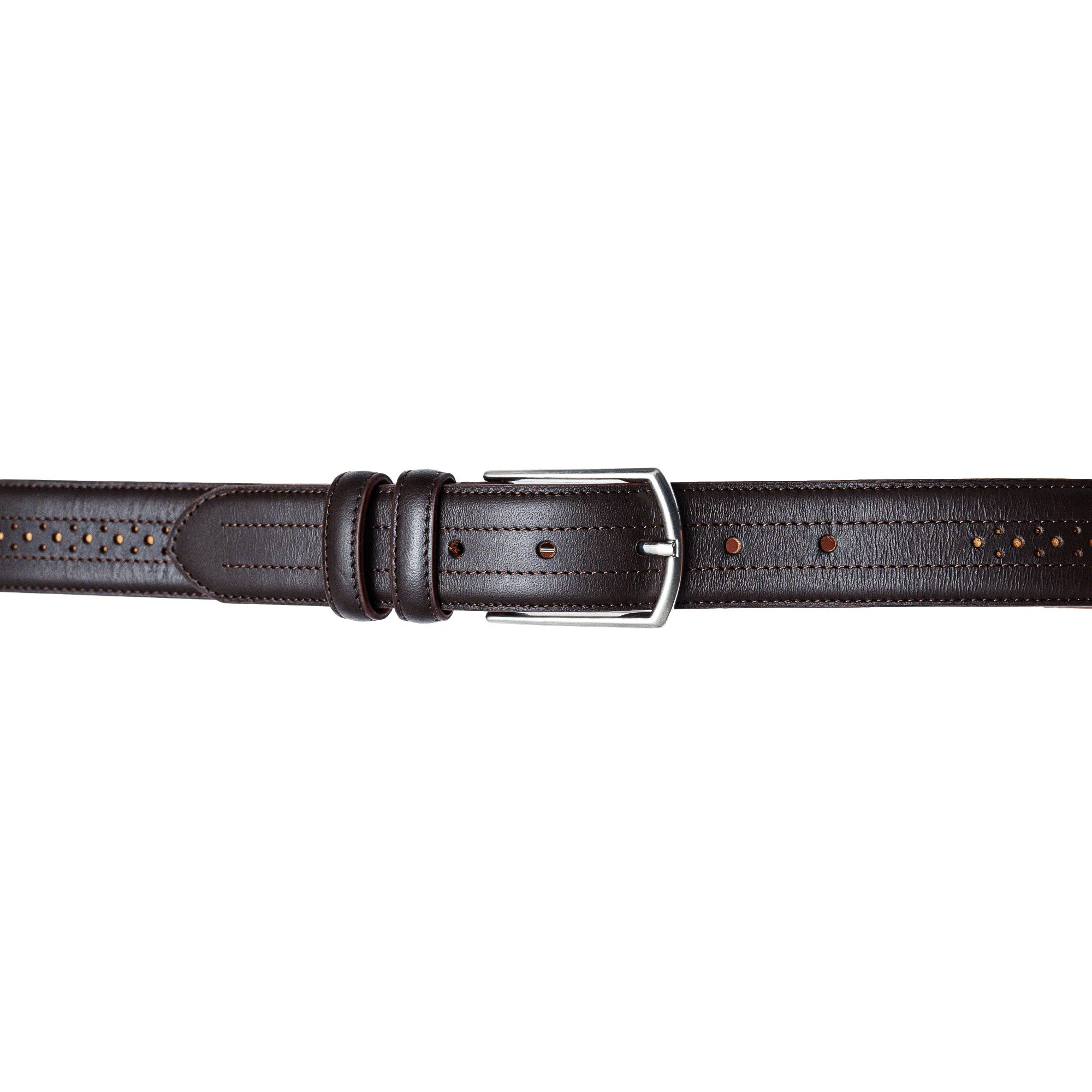 Crafted for dress or casual wear. Mens brown brogue belt in full grain calfskin. Looks great with denim.