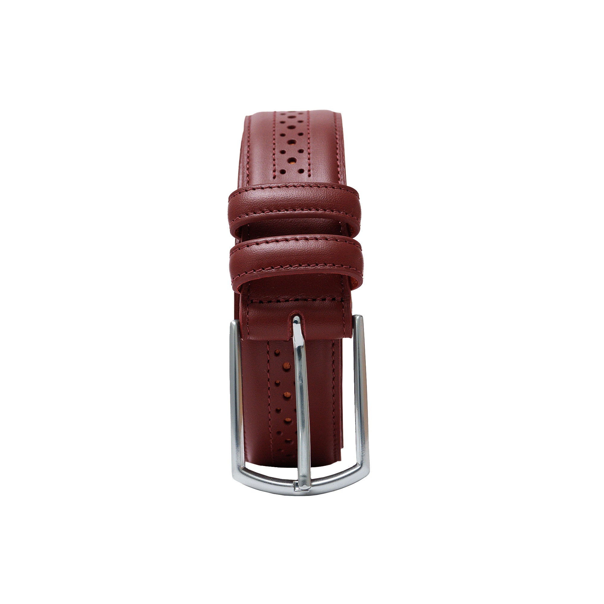Burgundy belt with brogue accents. Wear with jackets, chinos or dress pants