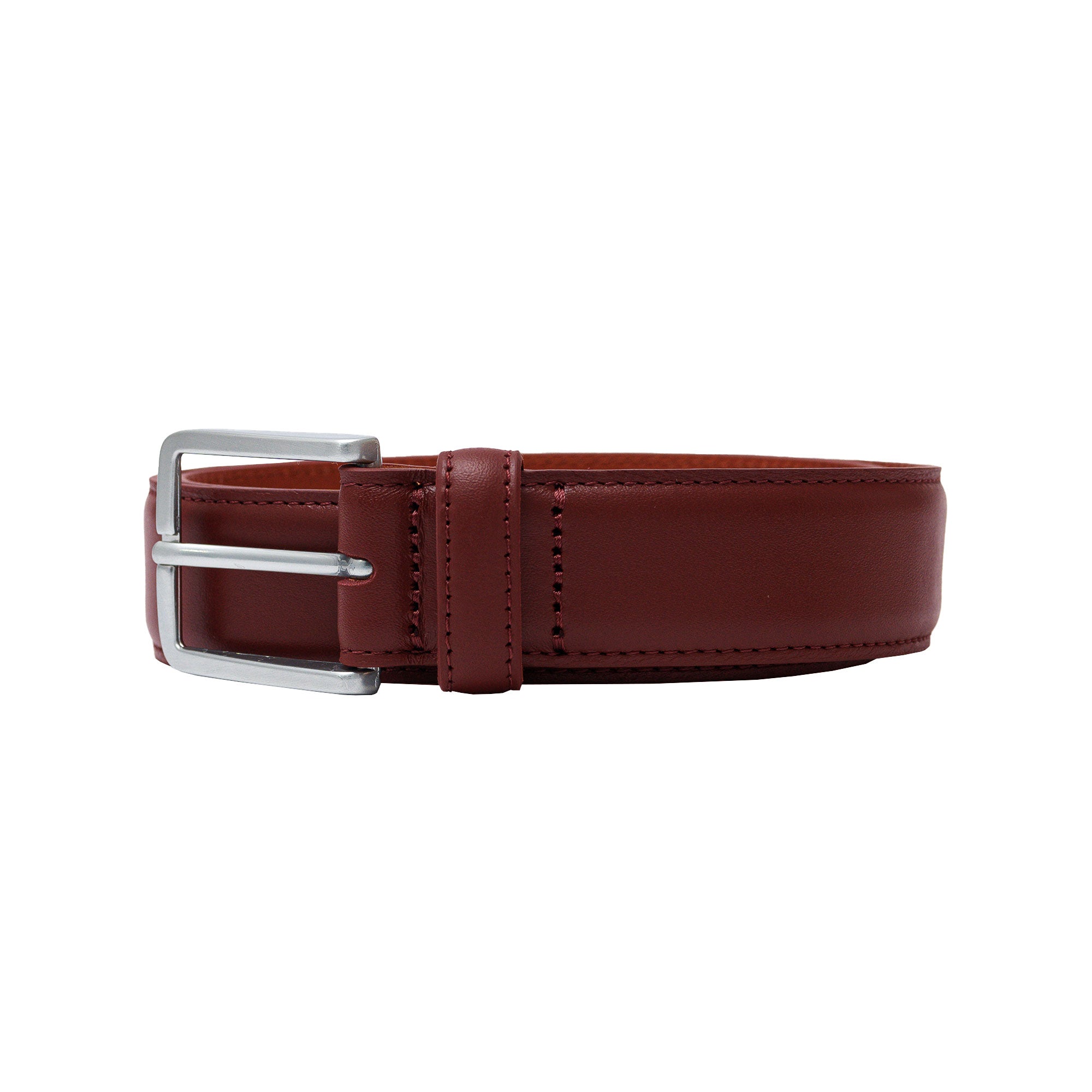 Burgundy full grain leather belts. Style with slim trousers, dress pants, or office suits.