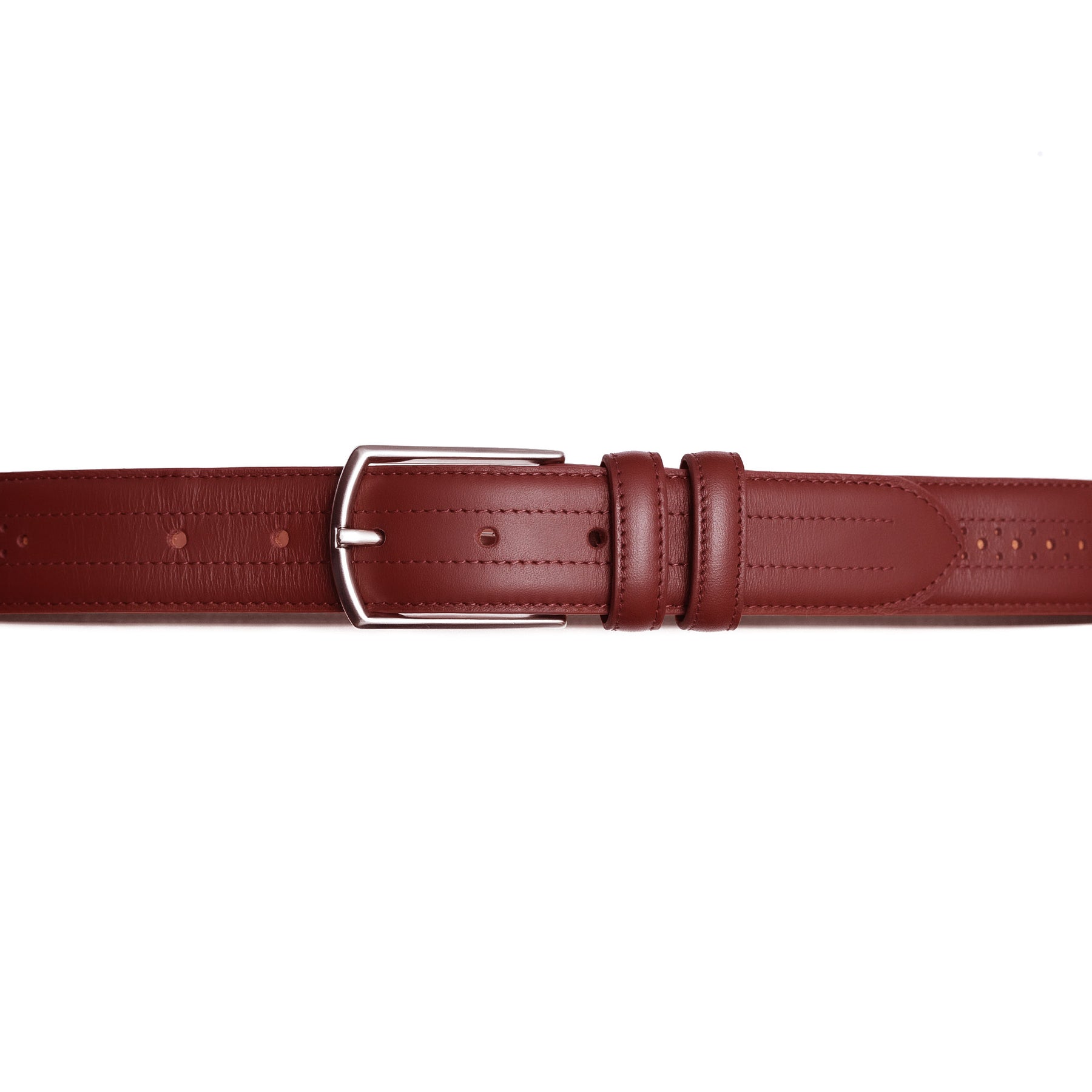 Full grain leather belt in burgundy. Match with dress shirts, trousers, or weekend denim.
