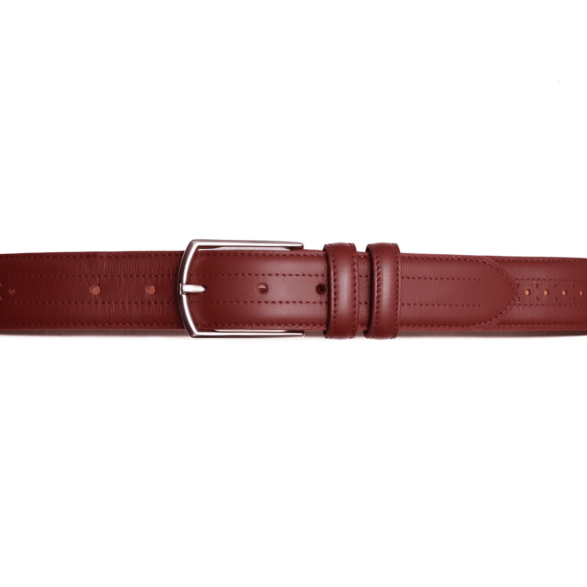 Full grain leather belt in burgundy. Match with dress shirts, trousers, or weekend denim.