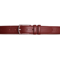 Full grain leather belt in burgundy. Match with dress shirts, trousers, or weekend denim.