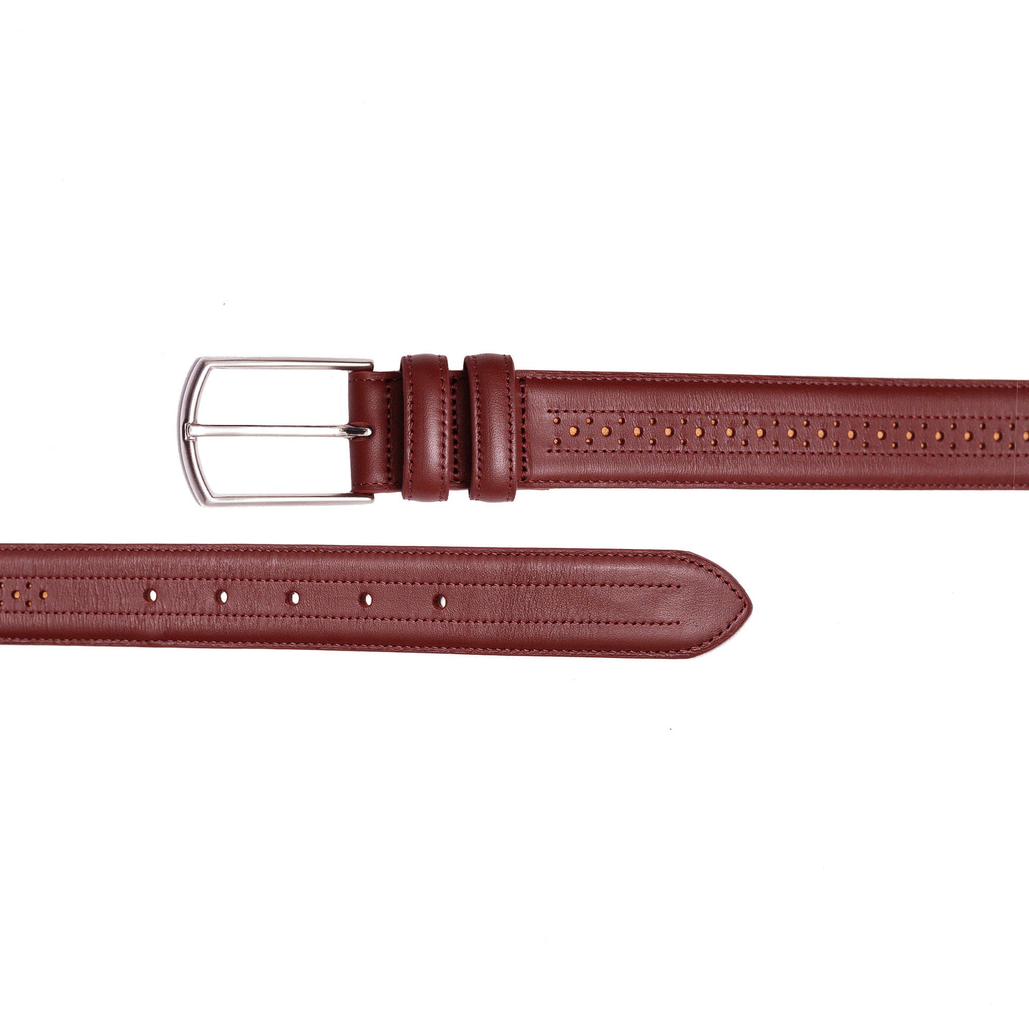 Handcrafted burgundy belt. Wear it with chinos, blazers, or wingtip shoes.