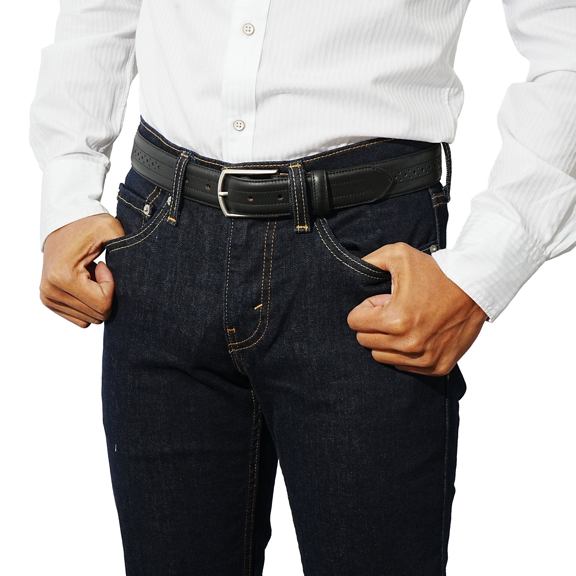 Buy black leather belt with a subtle brogue design. Pair with trousers or dress pants for a formal look