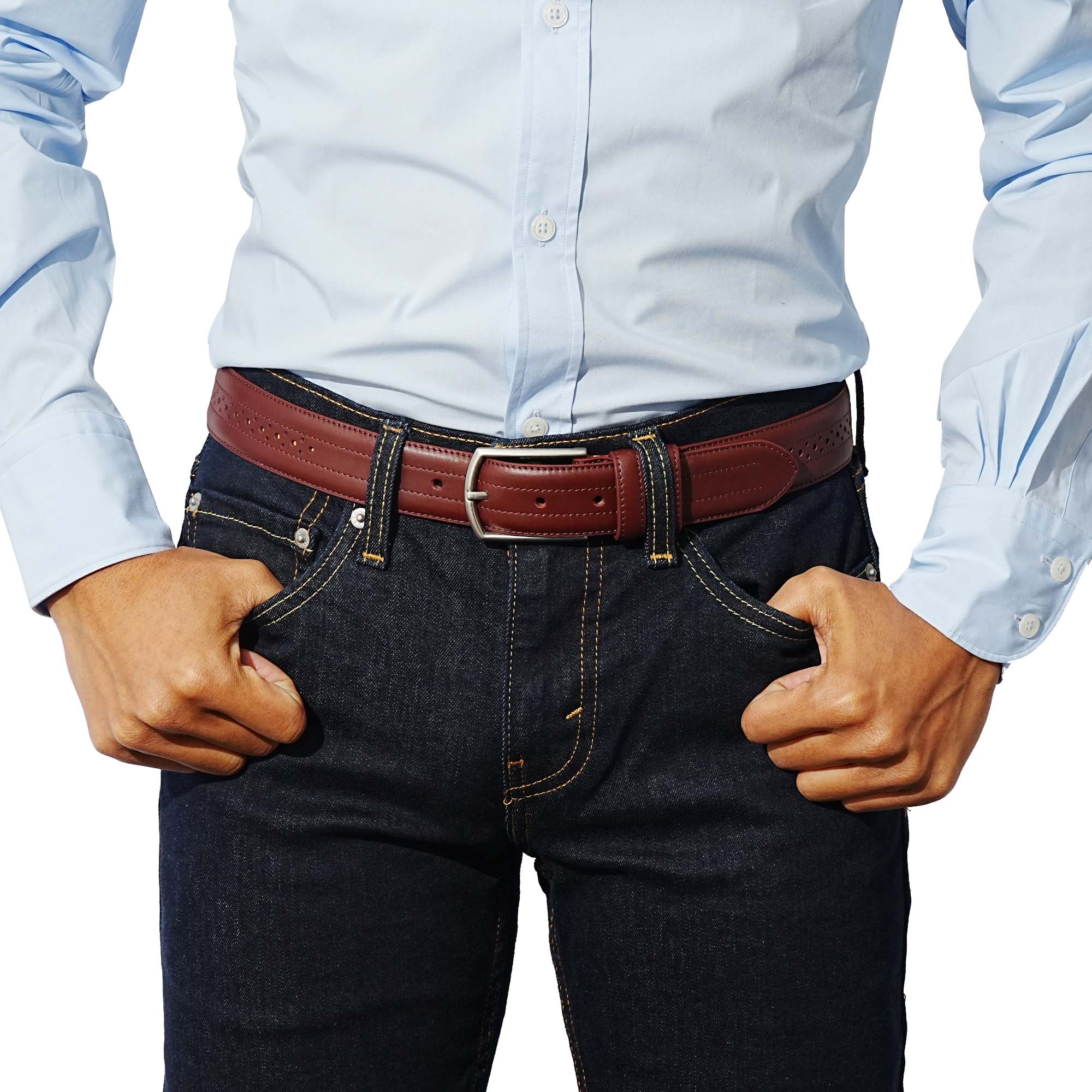 Burgundy belt with decorative perforations. Style with suits or tapered denim.