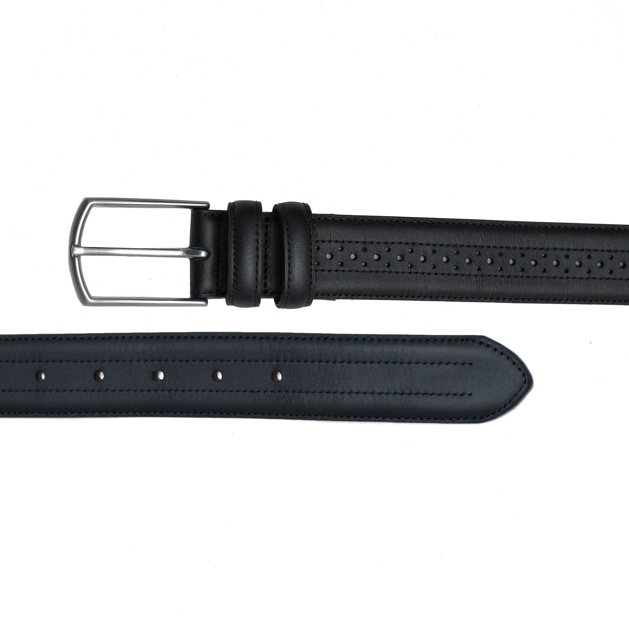Black leather belt with brogue perforations. A striking complement to your suit, chinos, or denim.