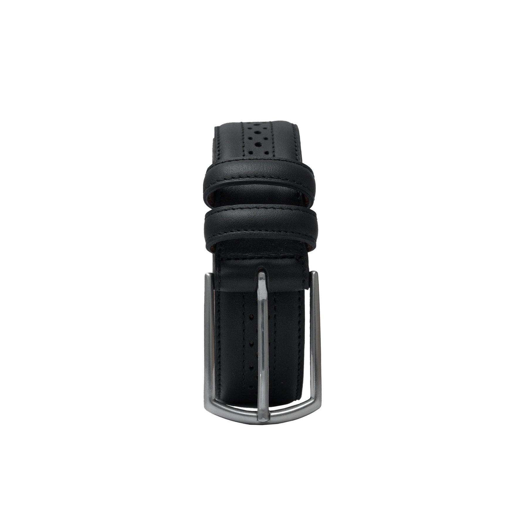 Mens black belt with intricate perforations. Match it to your dress shoes. Handcrafted for quality.