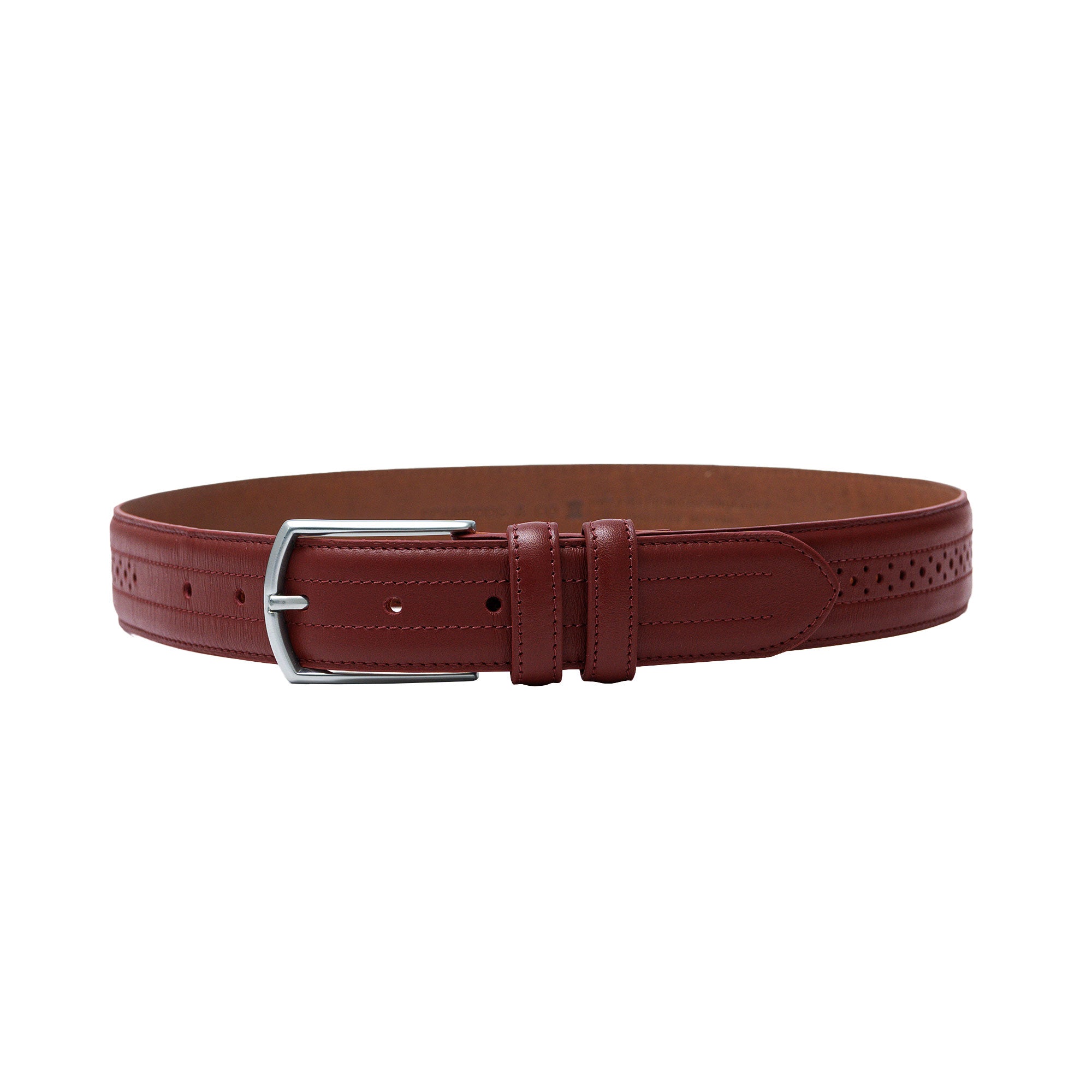 Burgundy leather belt with perforations. Pair with oxfords, suits, or casual layers.