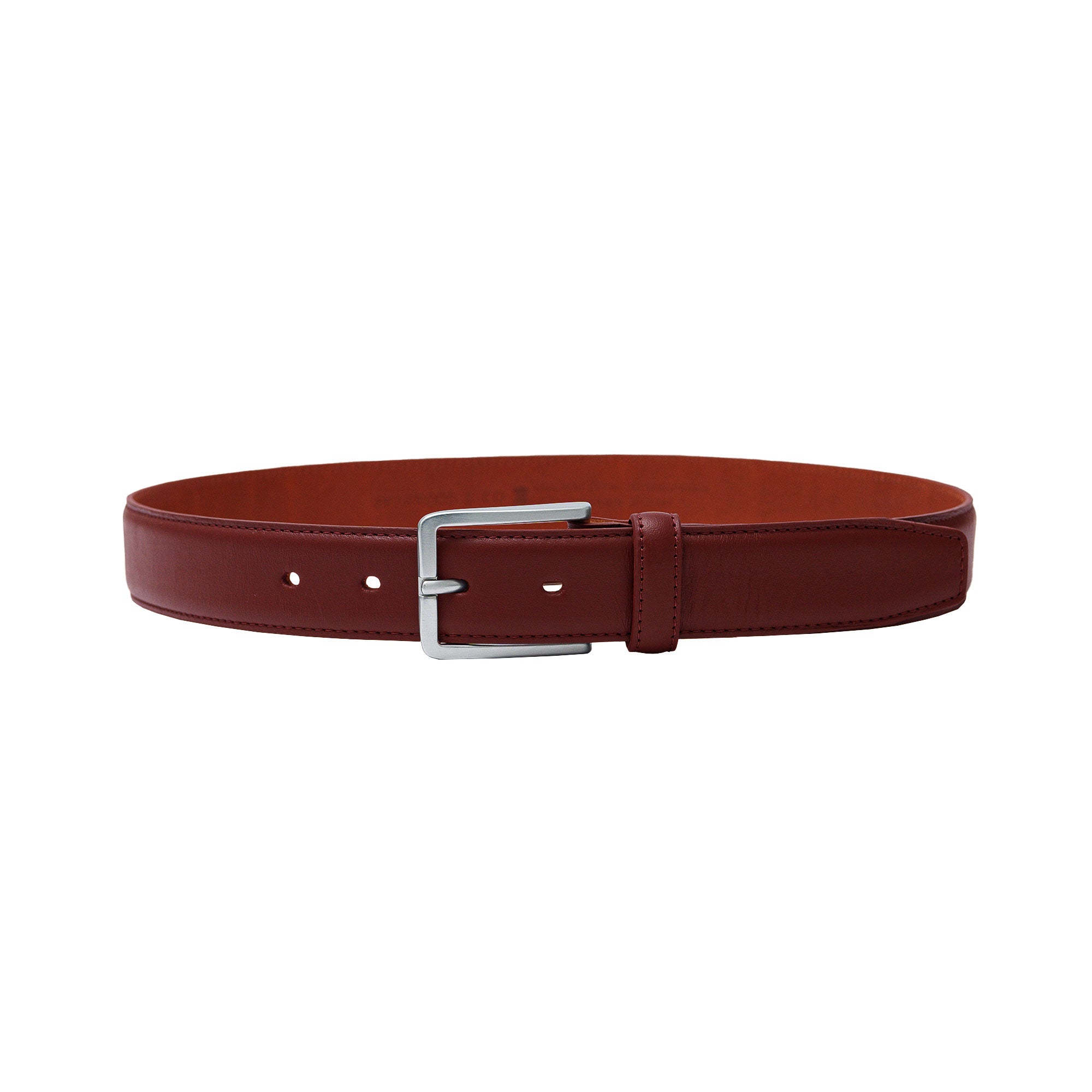 Men’s dress belts in burgundy calfskin. Wear with suits, formal trousers, or office looks.