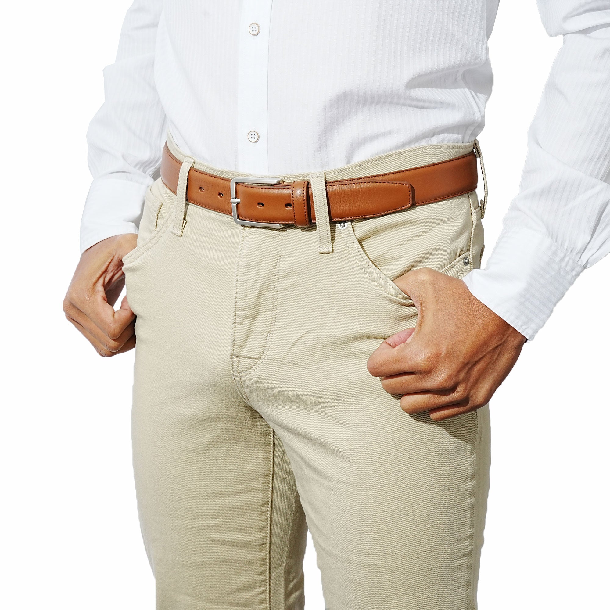 Tan leather belt for men. Artisanal quality and durability. Wear with chinos and a blazer.