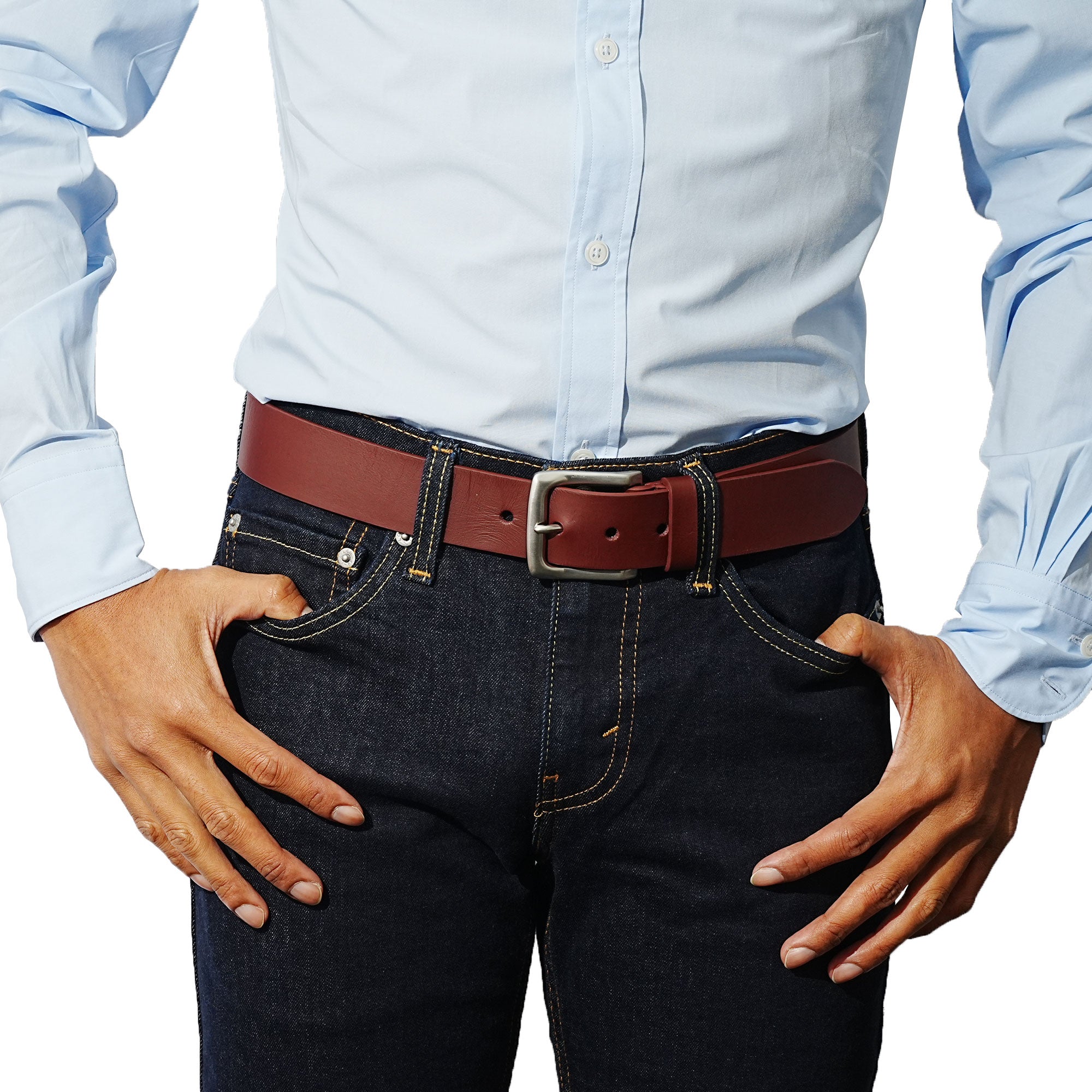 Crafted in Spain, this burgundy belt is built to last. Pairs with dress pants or jeans.