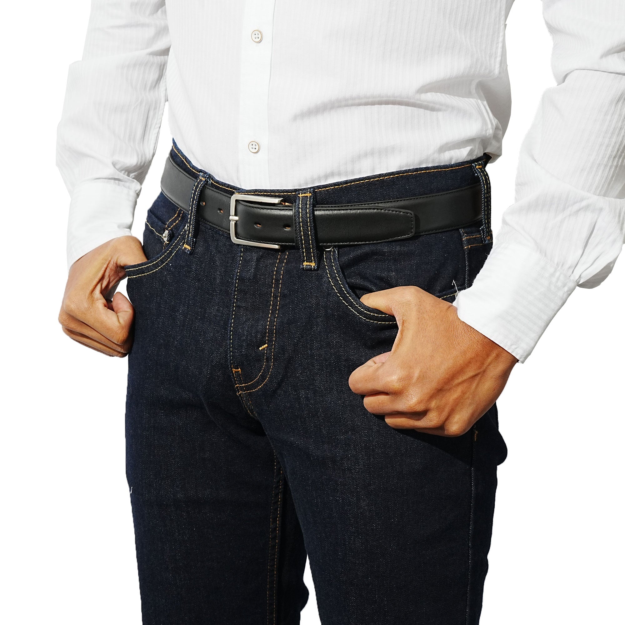 Elegant black leather belt for men. Style with suits, dress shoes, and crisp trousers.