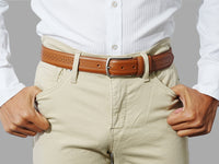 Leather belt for men with brogue accents. Wear it with suits or weekend 

