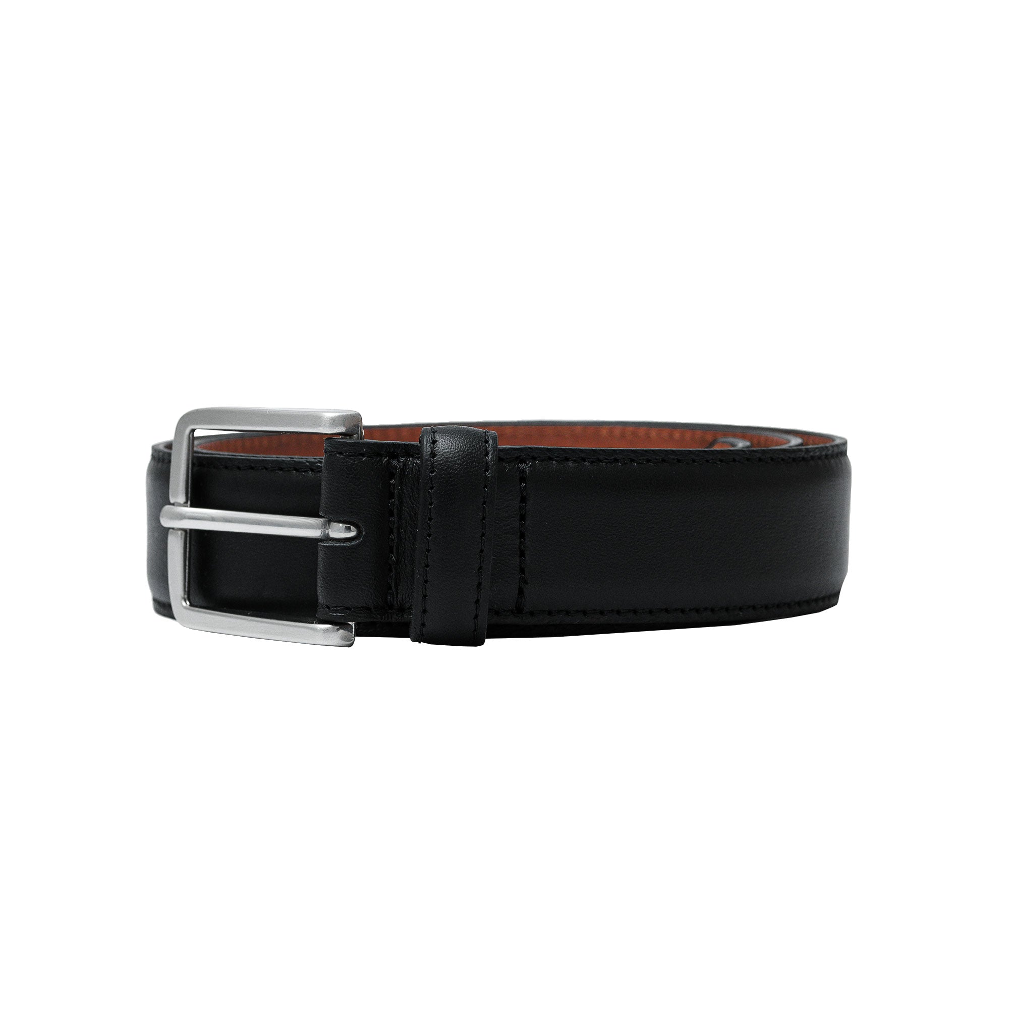 Handcrafted black leather belt. Match with dress pants, chinos, or tailored suits.