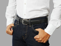 Classic men’s black belt. Pair with tailored trousers, smart shirts, and office outfits.