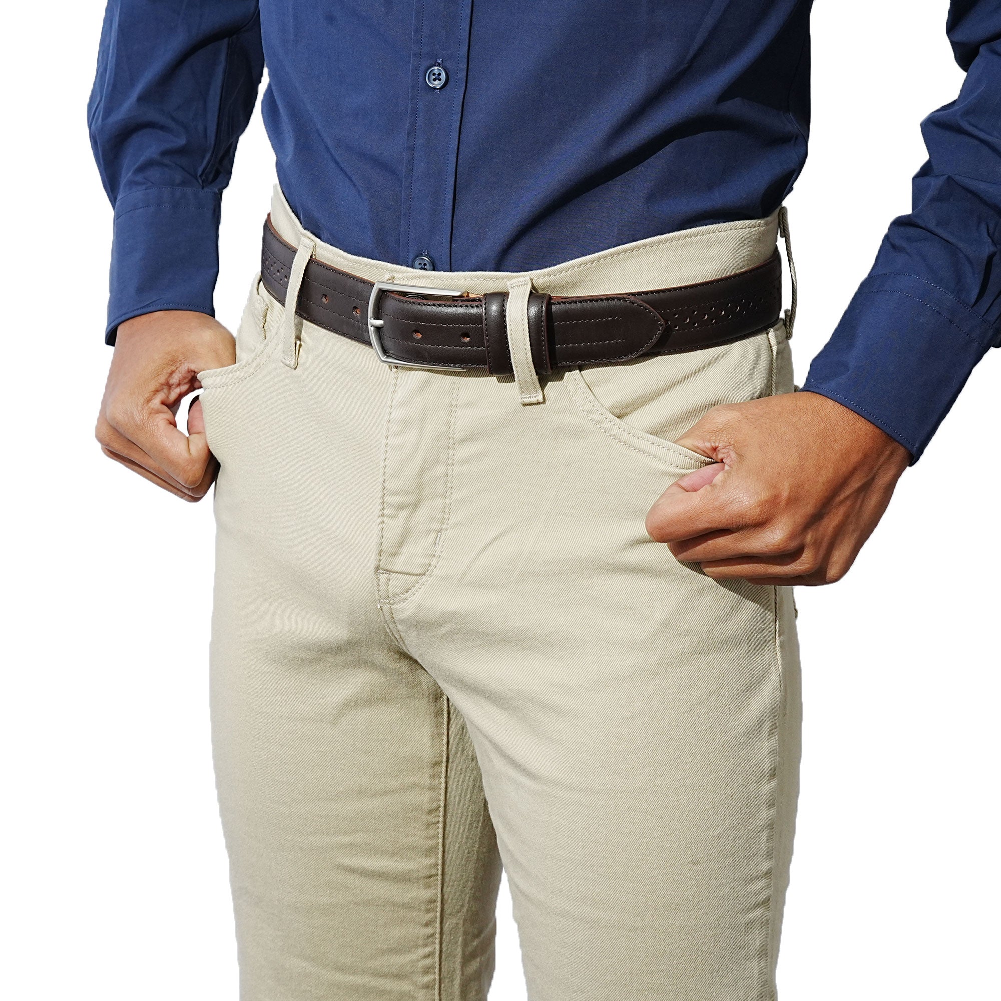 Buy beautiful brogue belt. Made from calfskin that ages well. Wear with dress pants and formal shoes.