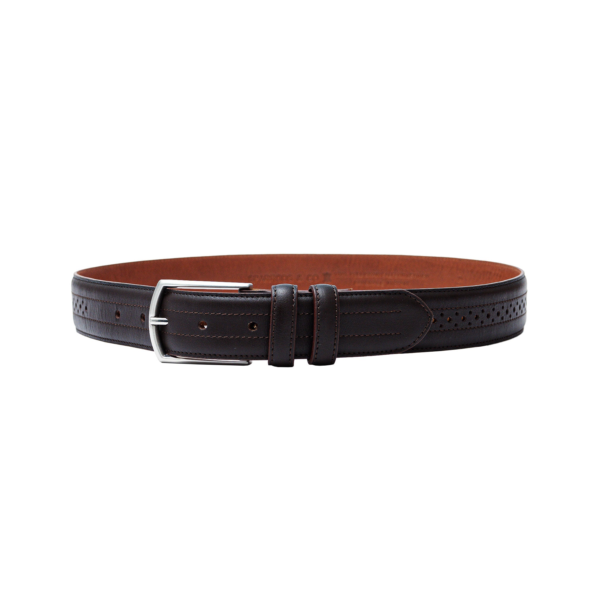 Mens leather belt. Brogue detailing for a refined look. A great partner for your brown dress boots