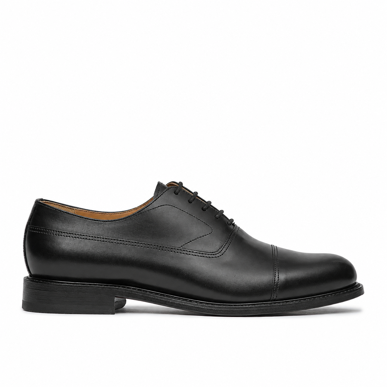 Men's black business shoes with cap toe made in Portugal using full grain leather and blake rapid for office, weddings and formal events