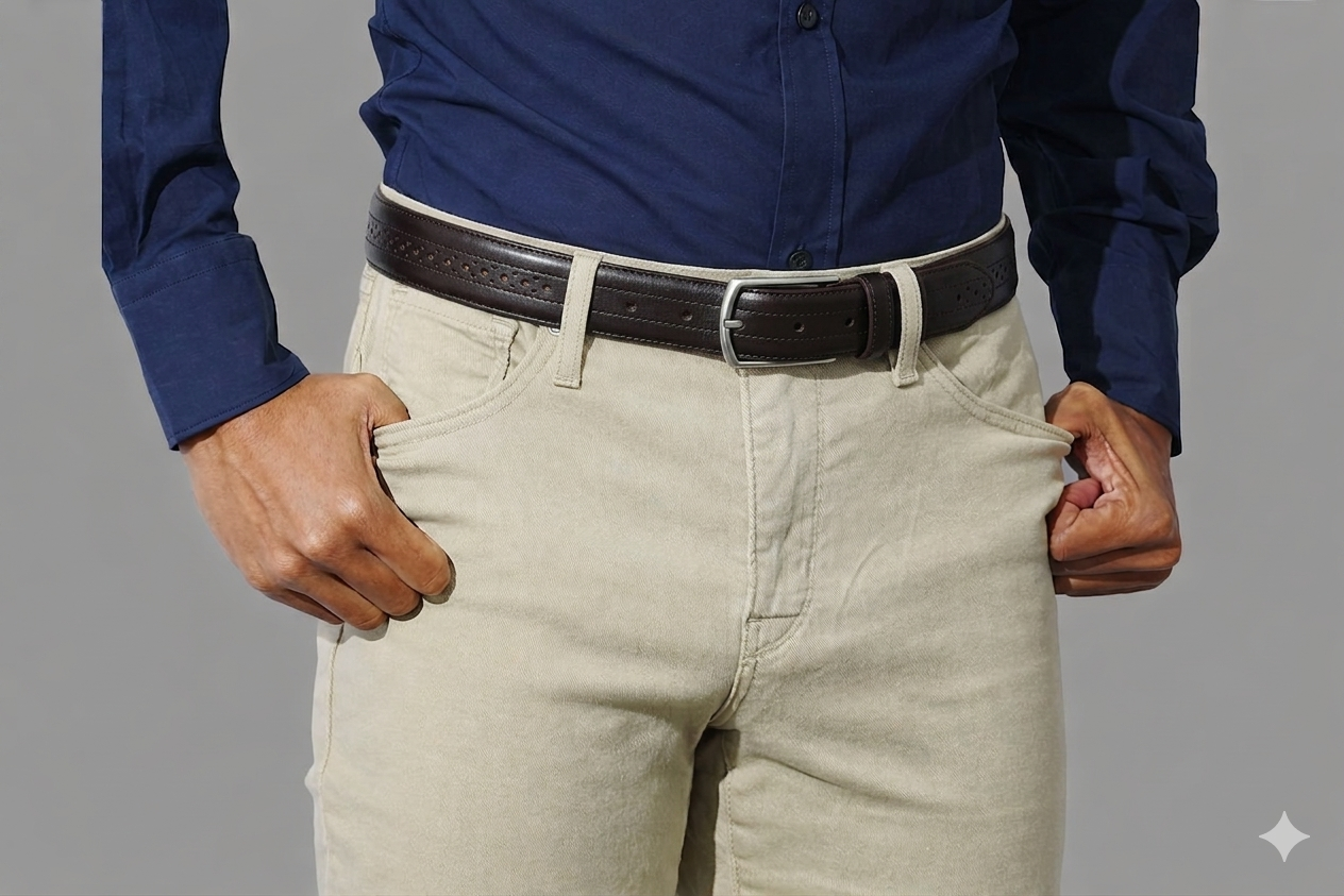 A dark brown 35mm brogue belt featuring edge decorative perforations and a square metal frame buckle worn with light tan denim pants.