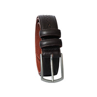 Brown leather belt with brogue perforations. A striking complement to your suit, chinos, or denim.