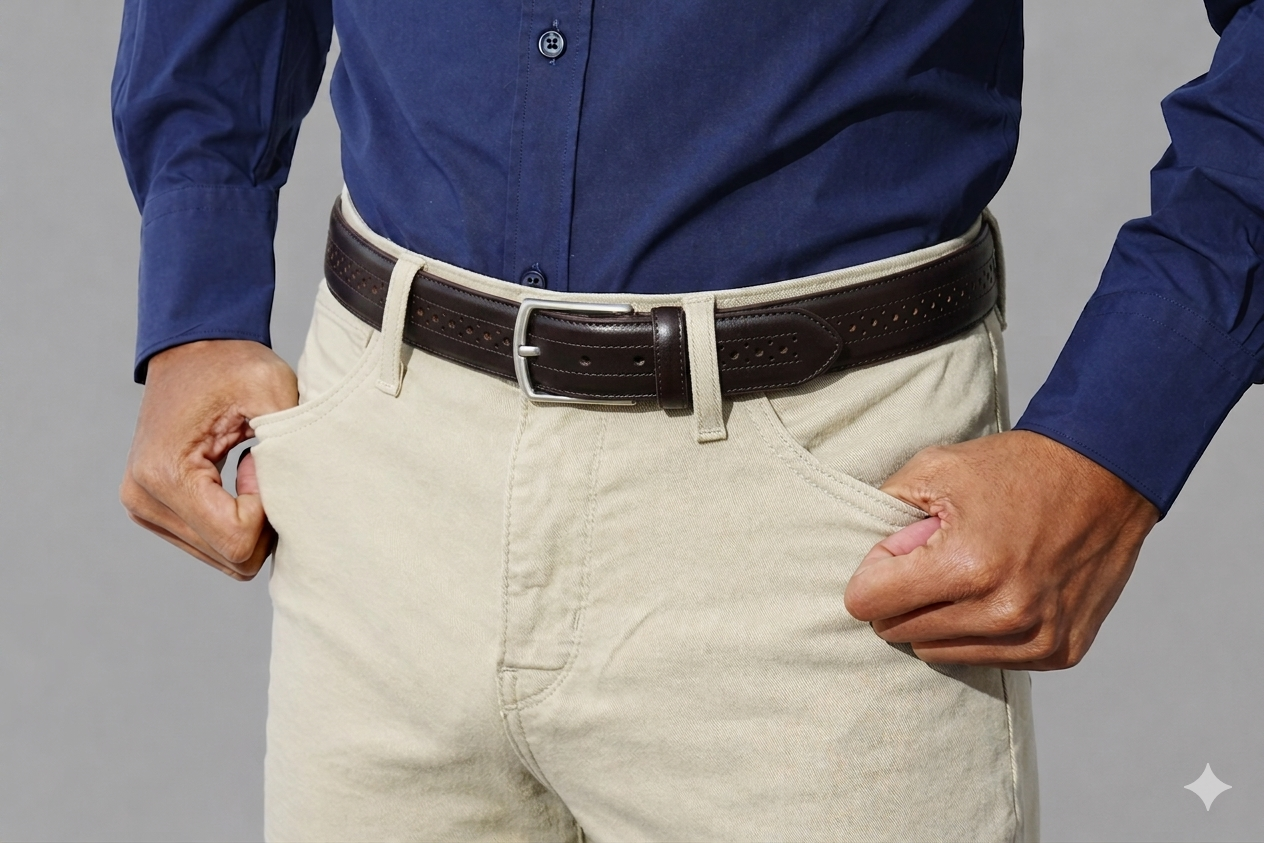 Mens brown brogue leather belt with stitched perforated detailing worn with stone chinos and a navy shirt, smart casual outfit